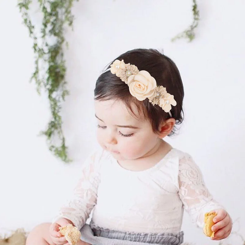 Linda diadema para niña, diadema elástica con flores y perlas para bebés, banda para el cabello de nailon, diademas para niños pequeños con flores