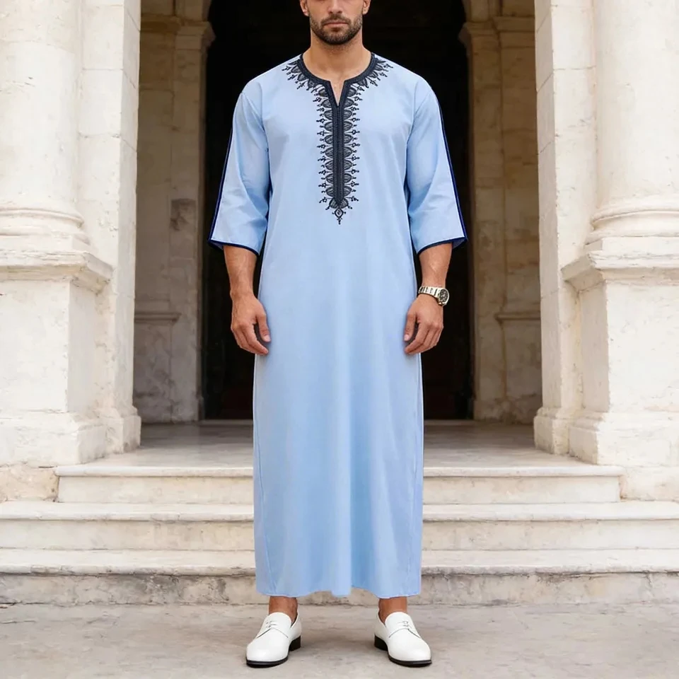 

New Muslim Men Caftan Embroidery Robes Loose Islamic Abaya Jubba Thobe Pakistan Saudi Arab Kaftan Islam Clothing Prayer Robe