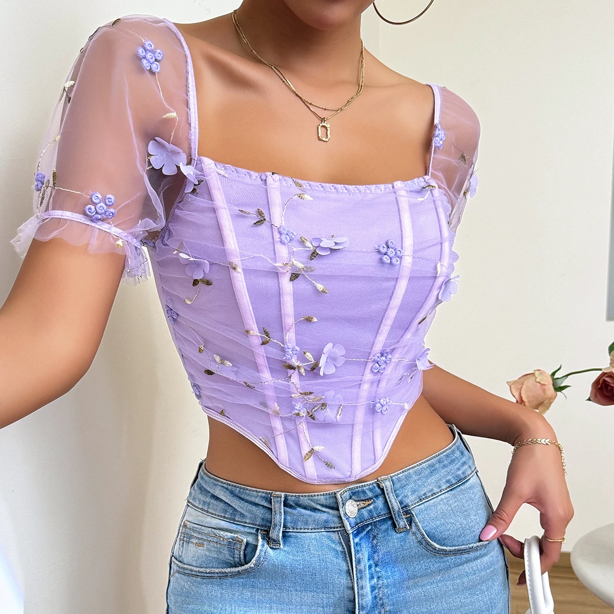 Sexy Embroidered Double Mesh Fishbone Corset Tops Slim-fit vest Street Style Butterfly Short Sleeve T-shirt Slim Crop Top Corset