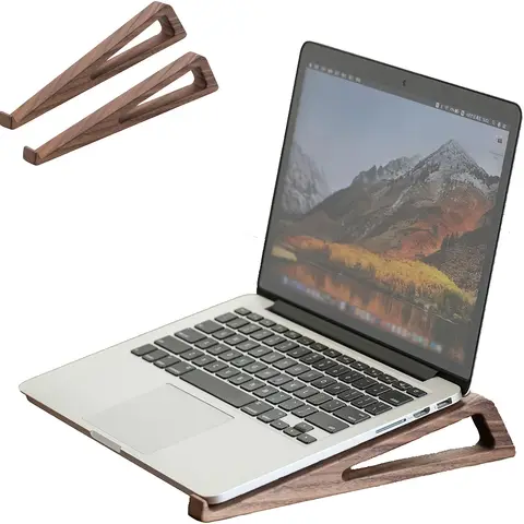 2pcs Ergonomic Bamboo Laptop Stand - Adjustable Height Portable Desktop Stand, Wide Base, Compatible with Books/Tablets/Laptops