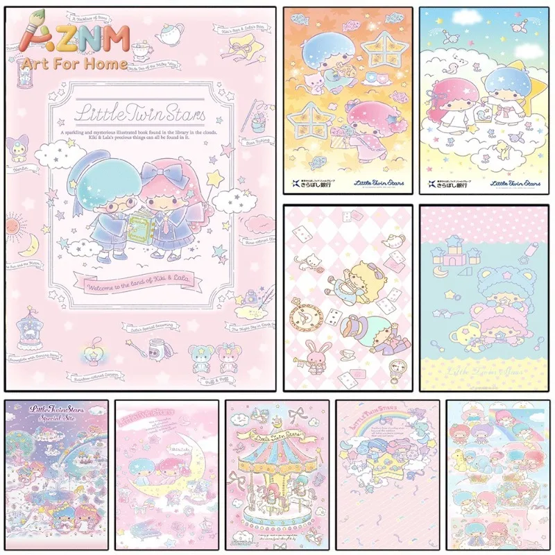Little Twin Stars Canvas Wall Art Sanrio Kawaii Cartoon Poster Unframed Canvas Painting For Girls Bedroom Cute Wall Decor Kids