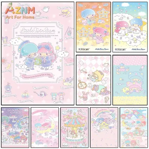 Little Twin Stars Canvas Wall Art Sanrio Kawaii Cartoon Poster Unframed Canvas Painting For Girls Bedroom Cute Wall Decor Kids