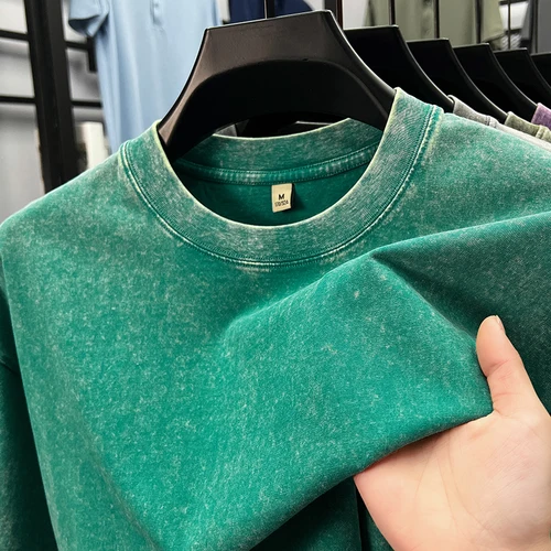 Camiseta de manga corta vintage lavada con personalidad, 100% de algodón puro de gama alta, top informal ligero y cómodo con cuello redondo a la moda para hombre