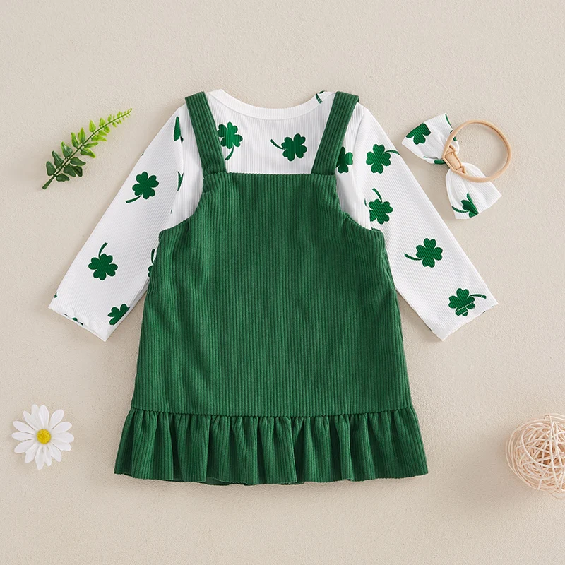 3-Piece Baby Girls Set Strawberry Four Leaf Clover Long Sleeve Romper Ruffled Corduroy Overalls Skirt Headband