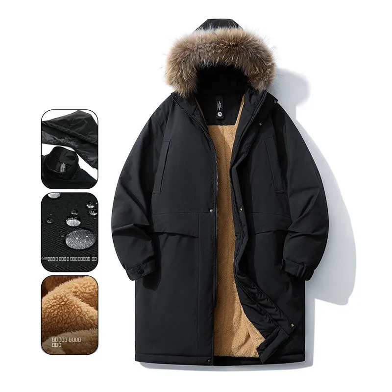 

Thiened Fce Lined Workwear Cotton Jaet Trendy Men's Large Fur Collar Parka Cross-Border Medium-Length Outerwear