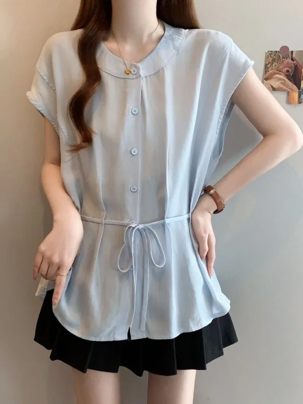 

plus Size Women's Blue Shirt Summer New Style Waist Cinching Flying Sleeve Gentle Style High Quality Trendy Top Commute Style