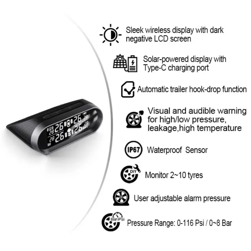 For Promata Solar-Powered Digital TPMS Advanced Car Tire Pressure Monitoring System with Internal Sensors