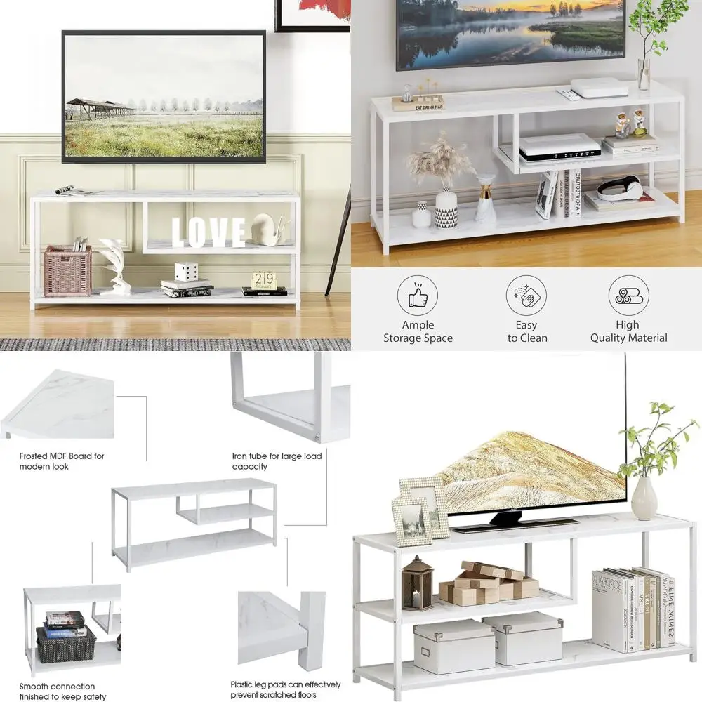 

55-дюймовая подставка для телевизора, 3-уровневый развлекательный центр, современная медиаконсоль с деревянной столешницей и белыми металлическими ножками