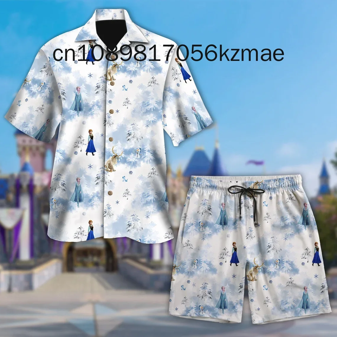 2024 Disney Princess Men Women Hawaiian Shirt Set of 2 Vintage Button Up Shirt Board Shorts Casual Set