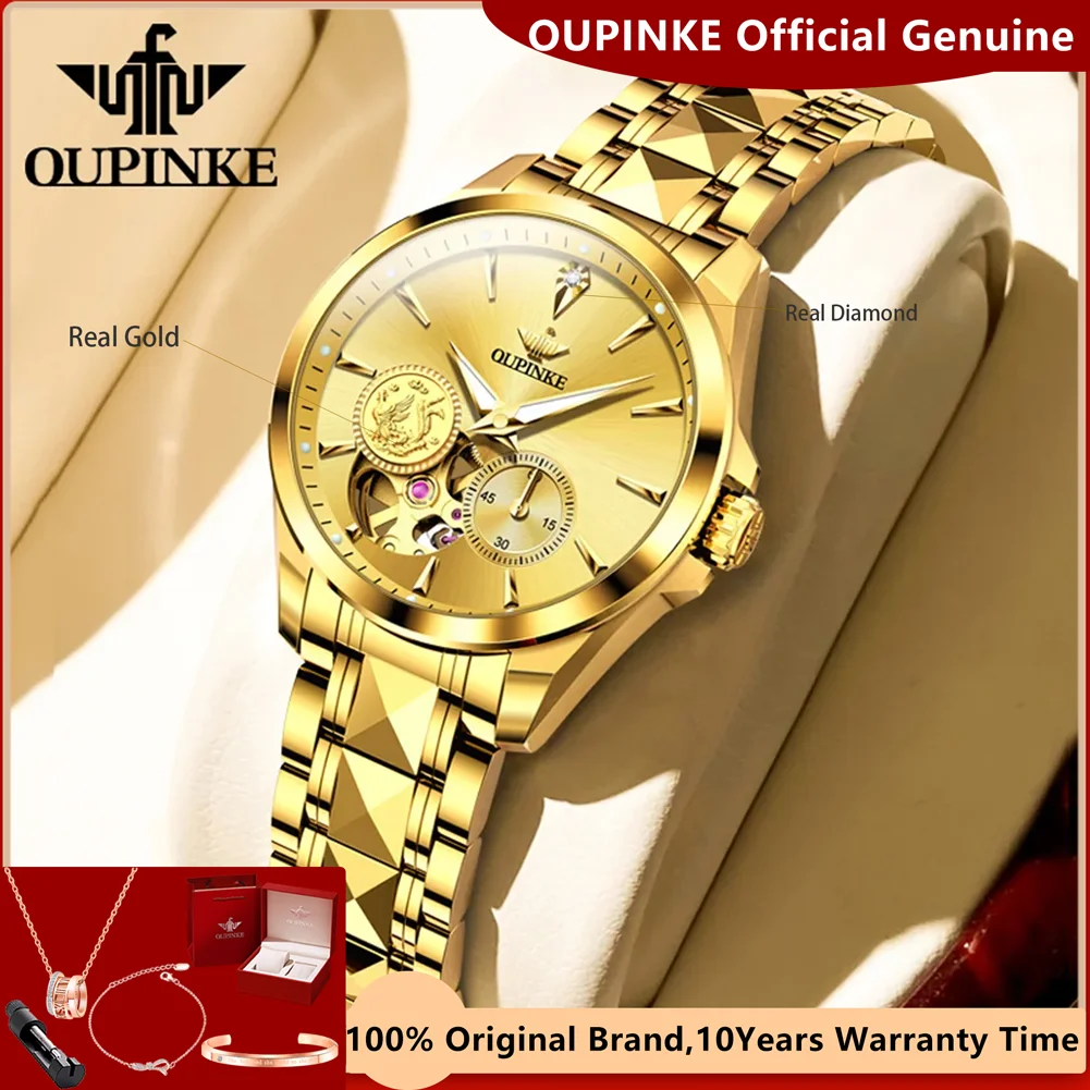 OUPINKE 3260 Women's Watch Real Gold Real Diamond Automatic Mechanical Wristwatch Luxury Waterproof Chronograph Ladies Watch Set