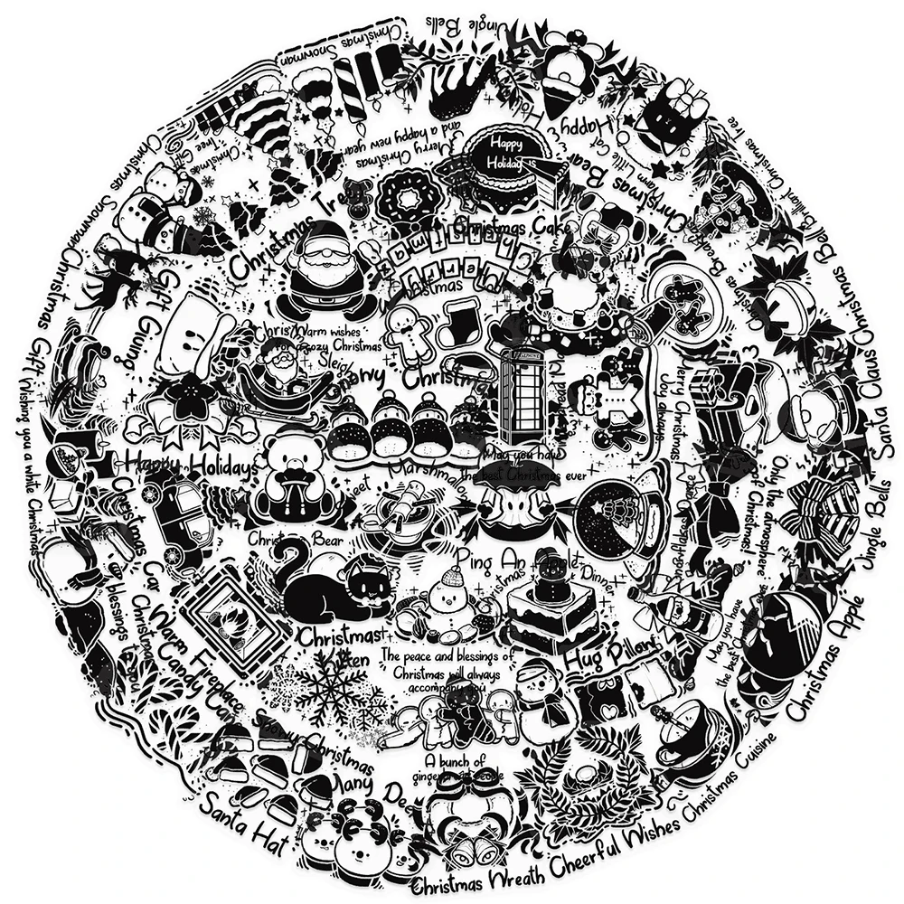 10/30/50pcs Transparent Black White Christmas Stickers Funny Cartoon Decals DIY Scrapbook Phone Notebook Sticker Decoration Toy