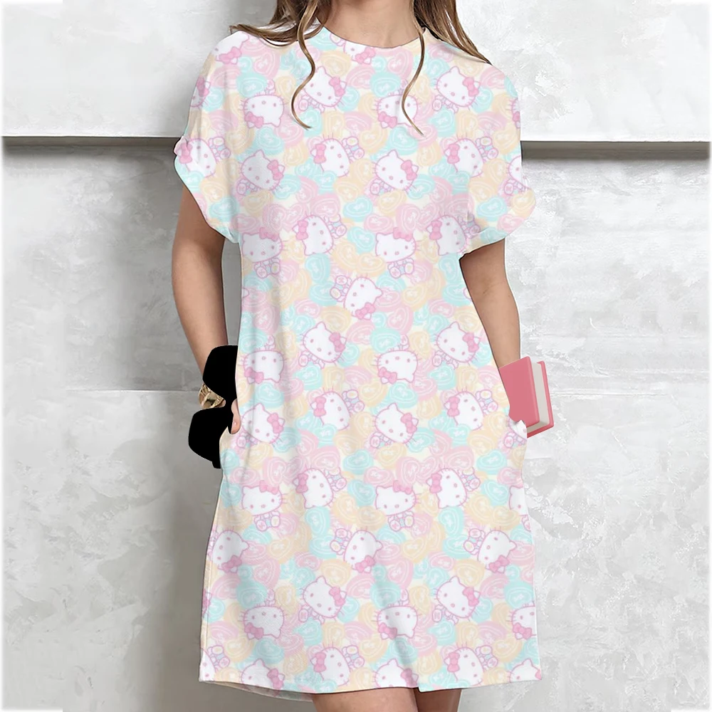 2025 New Korean-style Plus-size Hello Kitty print T-shirt Women's Summer Loose-fit Belly Covering Student Dress ﻿
