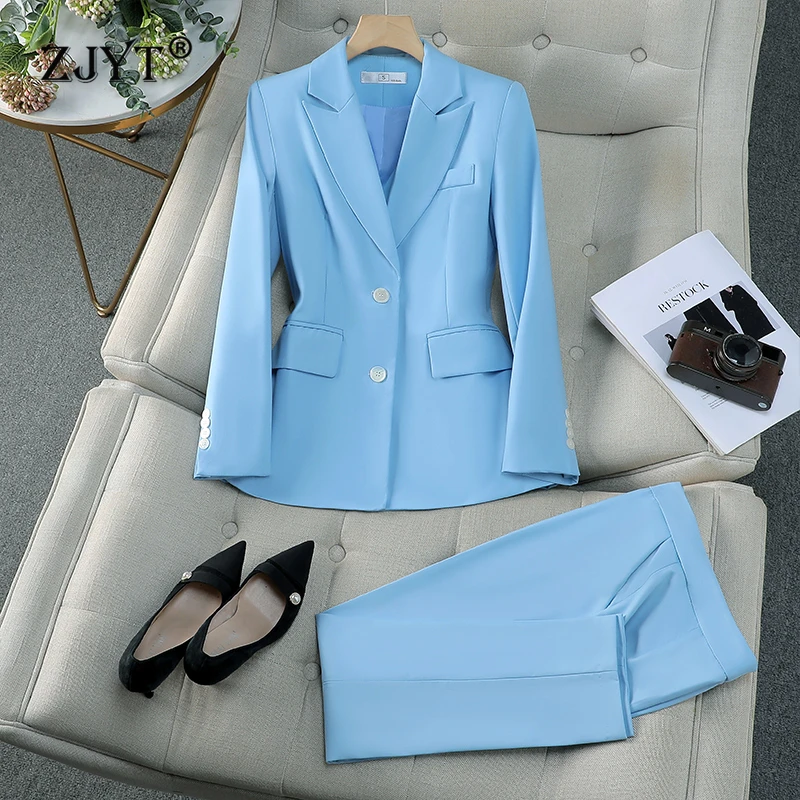 

ZJYT Elegant Women's Blazer Suits Trousers 2 Pieces Autumn Fashion Long Sleeve Jacket Pants Sets Office Lady Work Outfit Blue