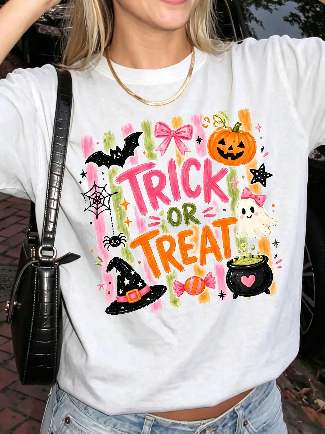 Retro Pink Halloween Trick or Treat Graphic Tee Coquette Aesthetic Short Sleeve Women T-shirt Varsity Style Top Female Clothing