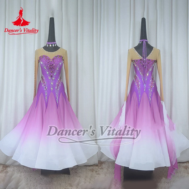 볼룸 댄스 전문 경쟁 드레스 하이 엔드 맞춤형 성인 라이트 퍼플-화이트 그라데이션 색상 AB 스톤 빅 스윙 드레스