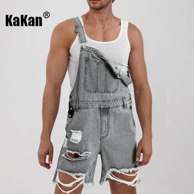 Kakan - European and American Casual Fashion Ripped Jeans, Men's Shoulder Strap Short Jeans Five Quarter Pants