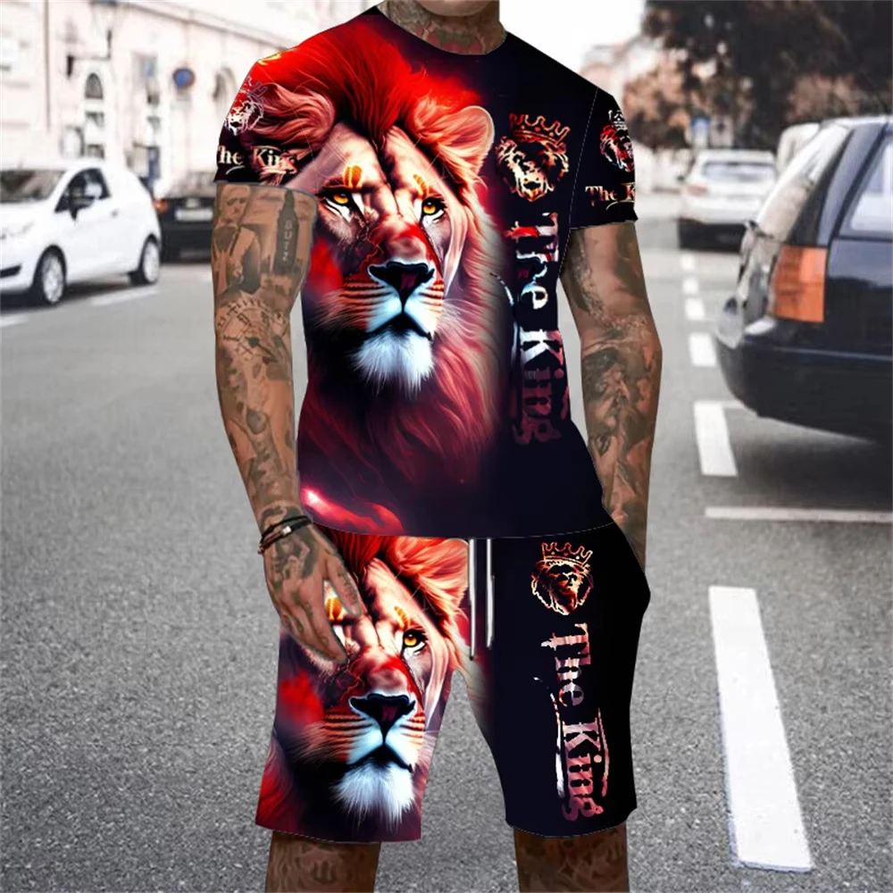 2025 New Men's Short Sleeved Shorts Set 3D Printed Lion Print Short Sleeved T-shirt Set Casual Street Wear Two-piece Set