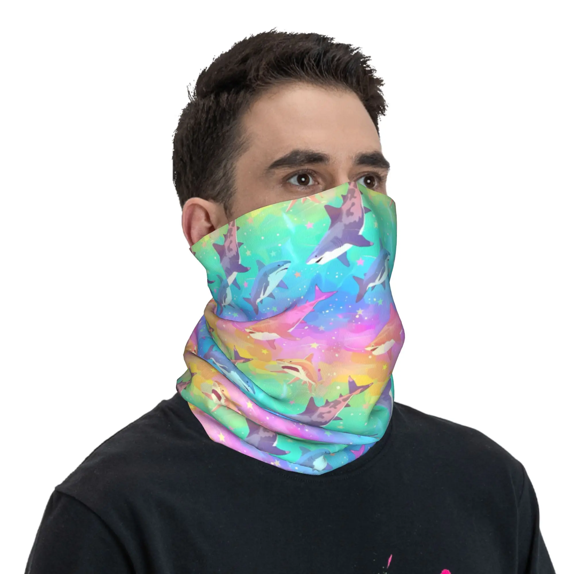 Custom Blue Watercolour Shark Bandana Neck Gaiter for Ski Camping Women Men Wrap Scarf Cartoon Ocean Animal Headband Warmer view 5
