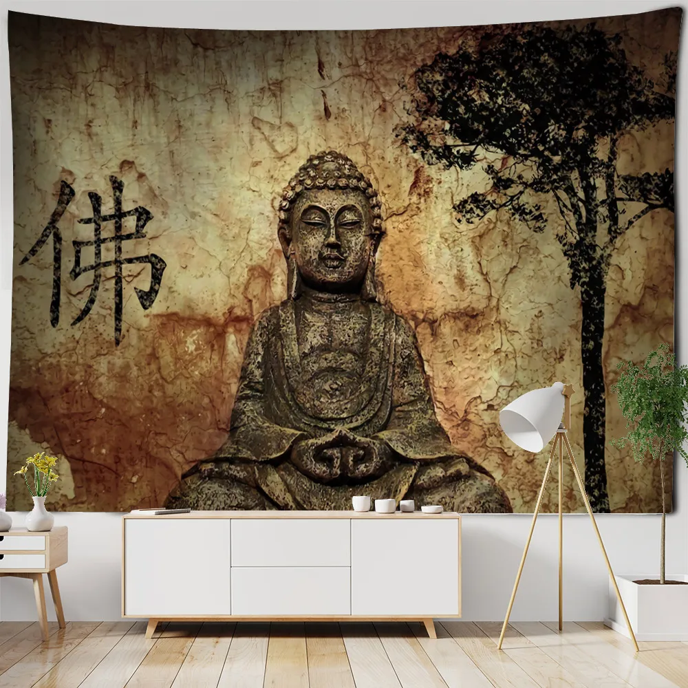 

Red And Yellow Leaves Buddha Statue Polyester Wall Hanging Tapestry Mandala Bohemia 5 Sizes Travel Sleeping Pad Polyester Fabric