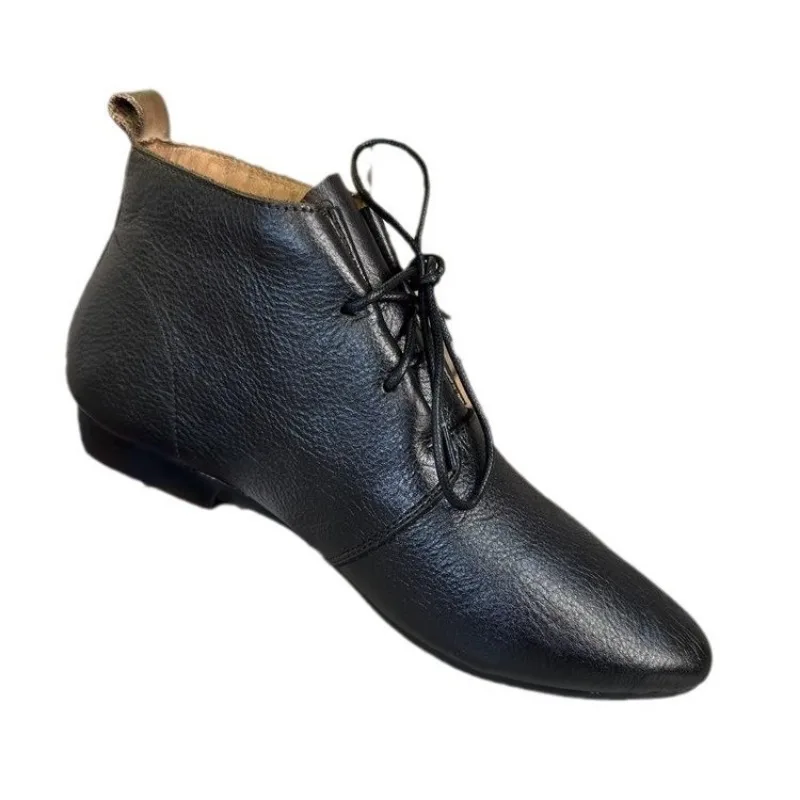 Brand Women Boots Lace-Up Ankle Boots Pointed Toe Leather Shoes Women British Style Vintage Boots 2024 Versatile Ladies Botas