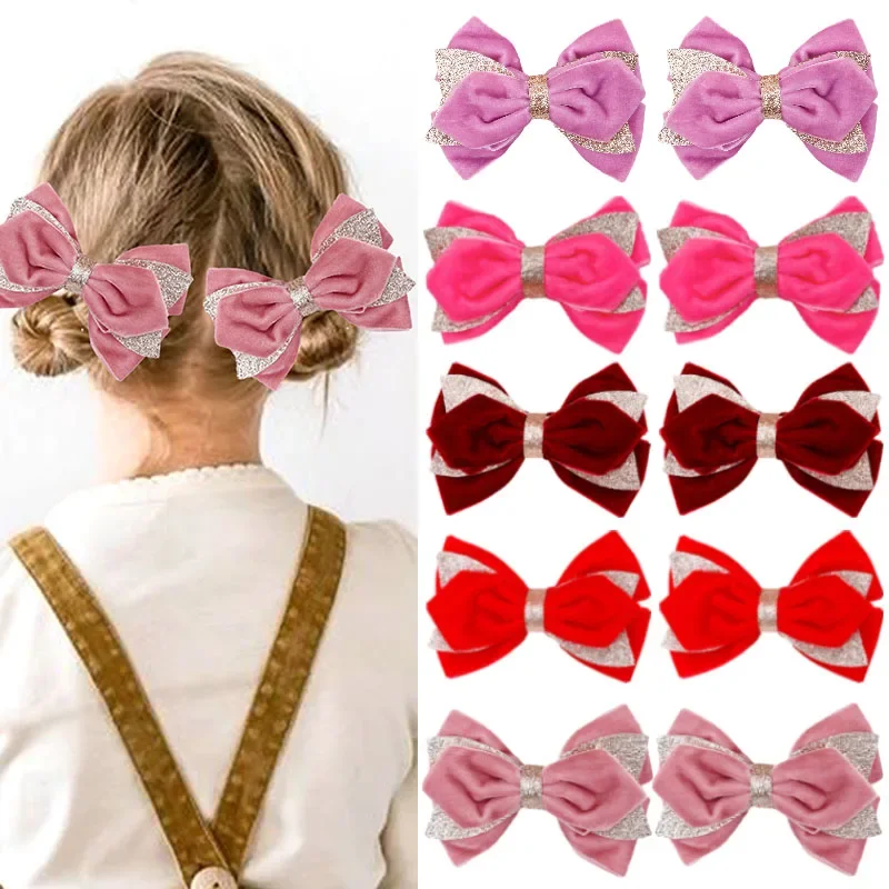 Oaoleer 2Pcs/set Solid Velvet Bow Hair Clip For Children Girls Cute Glitter Bowknote Hairpin Hairgrips Barrette Hair Accessories