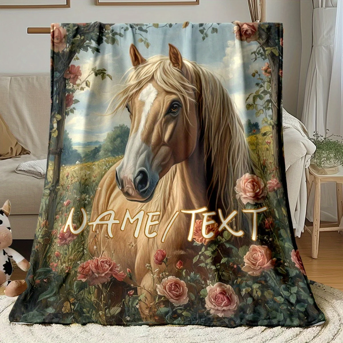 1pc Personalized Custom Name/Text Horse & Rose Meadow Print Flannel Throw Blanket - Soft Lightweight All-Season Bedspread