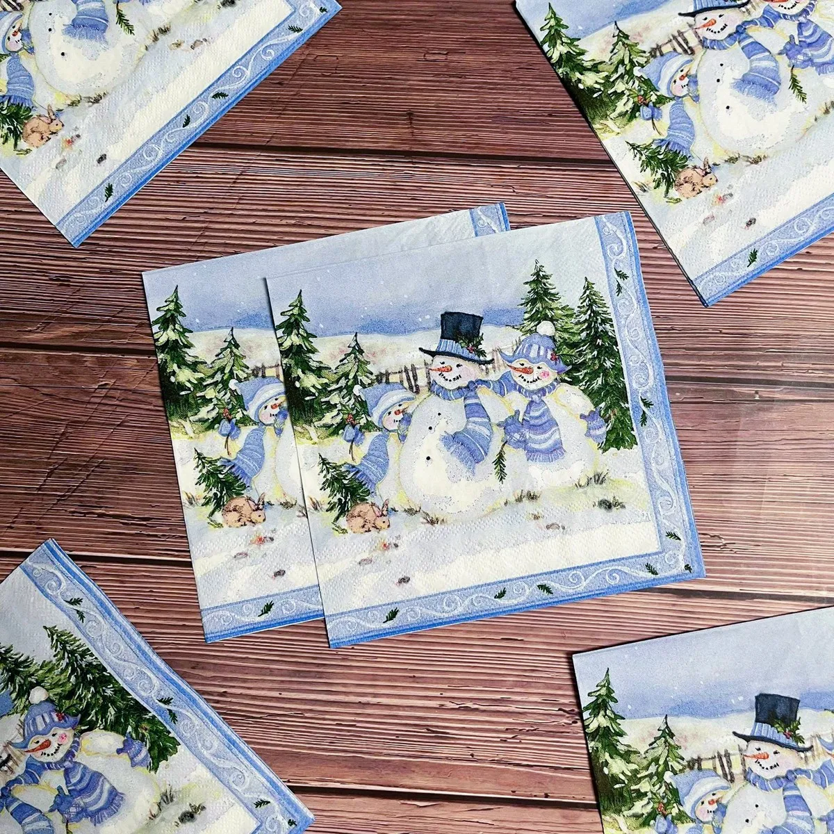 Christmas Snowman Paper Napkins Disposable Winter Xmas Party Decor Blue Snow Scene Printed Tissue For Dinner Table Holiday Decor - view 5