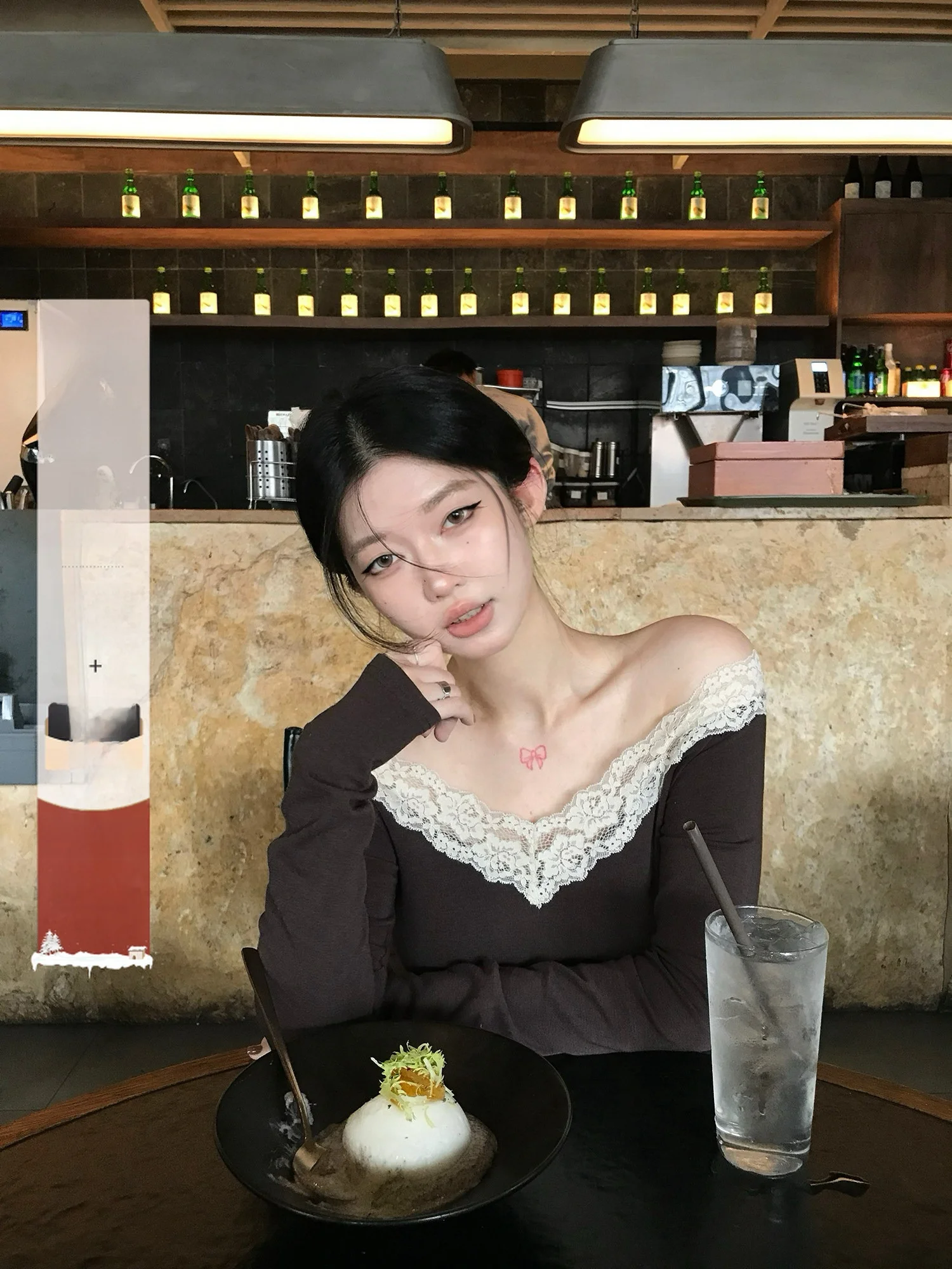 

eepland Special Milk Coffee Lace Splice One oulder Slim Fit Base irt Women's Autumn Winter Waist Cinching Top