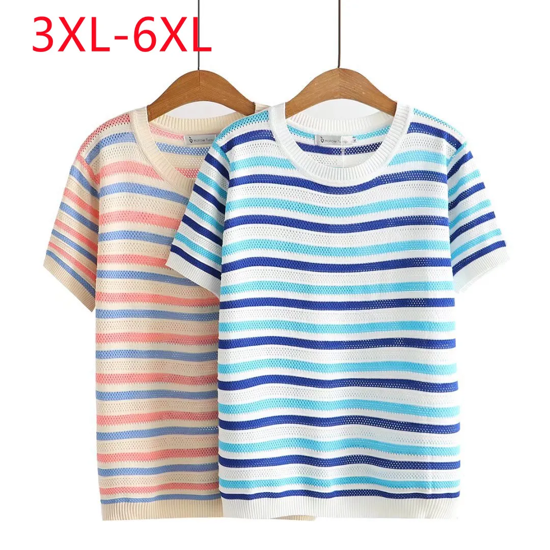 

Large women's 2022 summer new fashion stripe Plus Size hollow ice silk short sleeve T-shirt 3XL 4XL 5XL