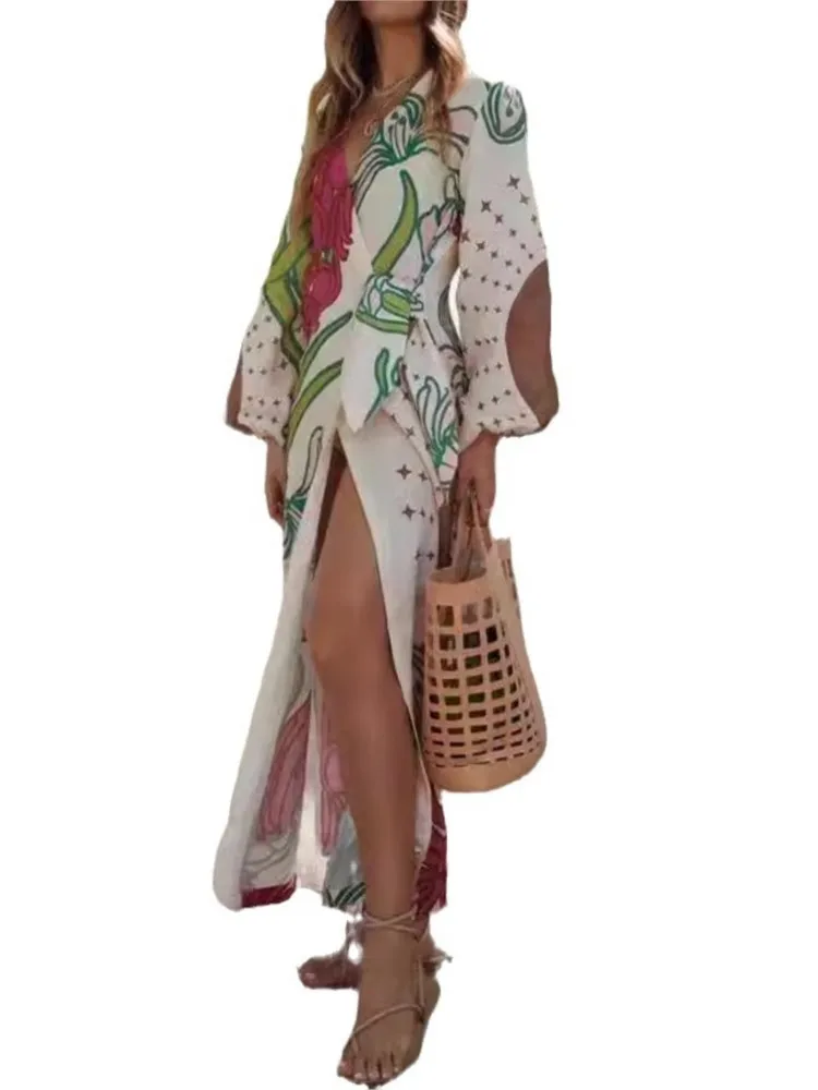 V Neck Loose Patchwork Fashion Printed Maxi Dress Women 2025 Summer Elegant Casual Lace-up Vestidos Vacation Long Sleeve Dresses