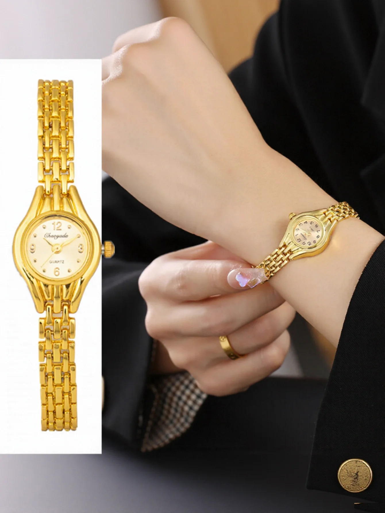 2pcs Elegant Small Dial Women Watches Luxury Brand Golden Quartz Wrist Watches for Women Simple Ladies Watch Clock montre femme