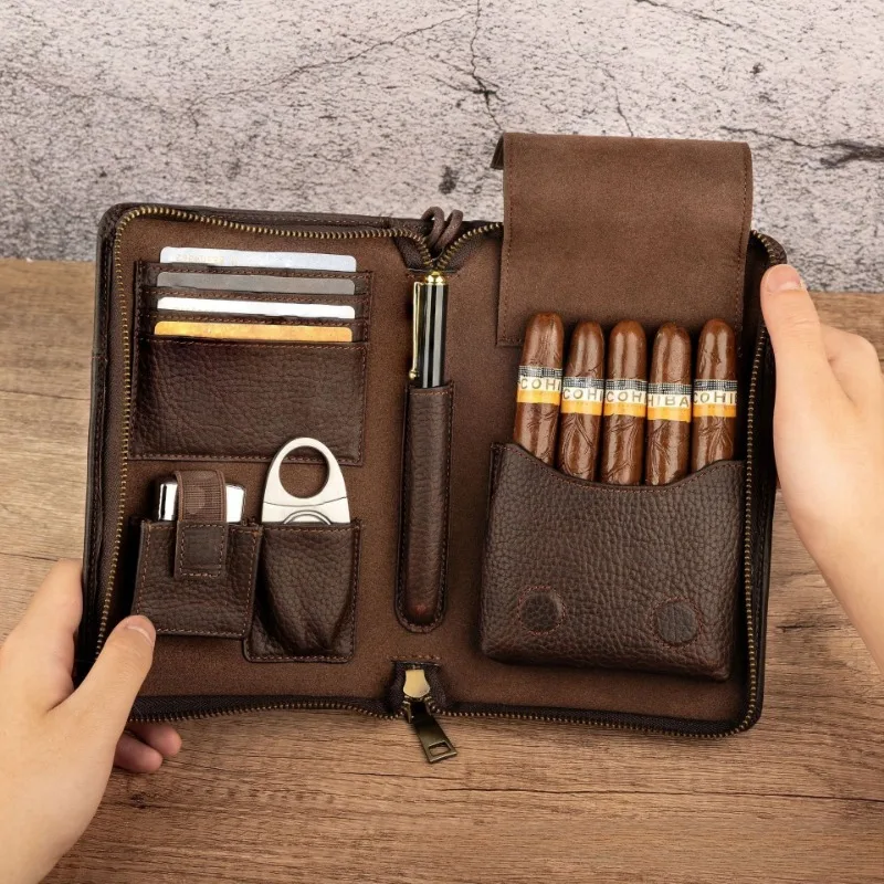 

1pcs Portable Travel Cigar Case Vintage Crazy Horse Leather Multifunctional Wrist Cigar Holder Cigar Storage Box For Men Outdoor