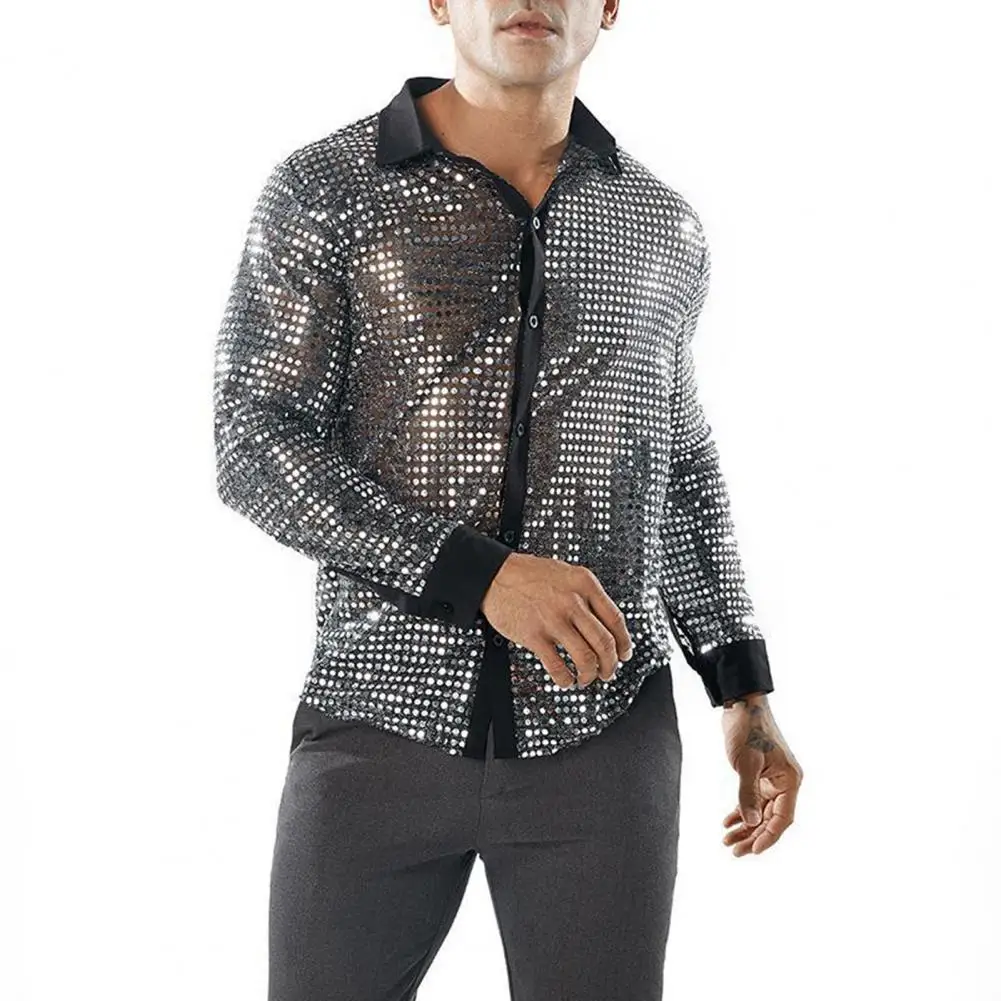 Camisa masculina vintage 70s lantejoulas lapela camisa de discoteca brilhante fino ajuste único breasted festa desempenho clube