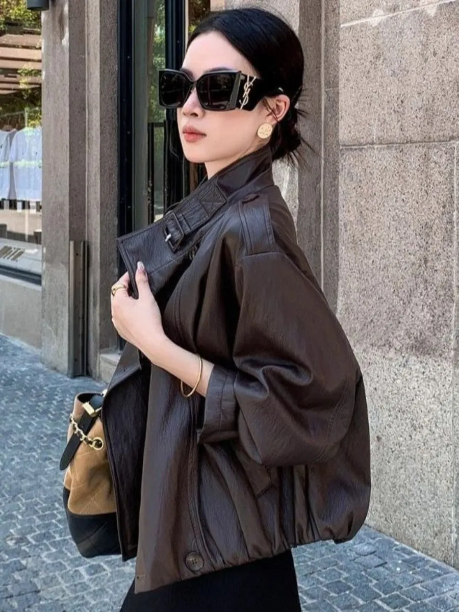 

Fashionable Women's Leather Jacket Loose Casual Knee-Pad Health Ring Autumn New Arrival High-end Versatile American Style