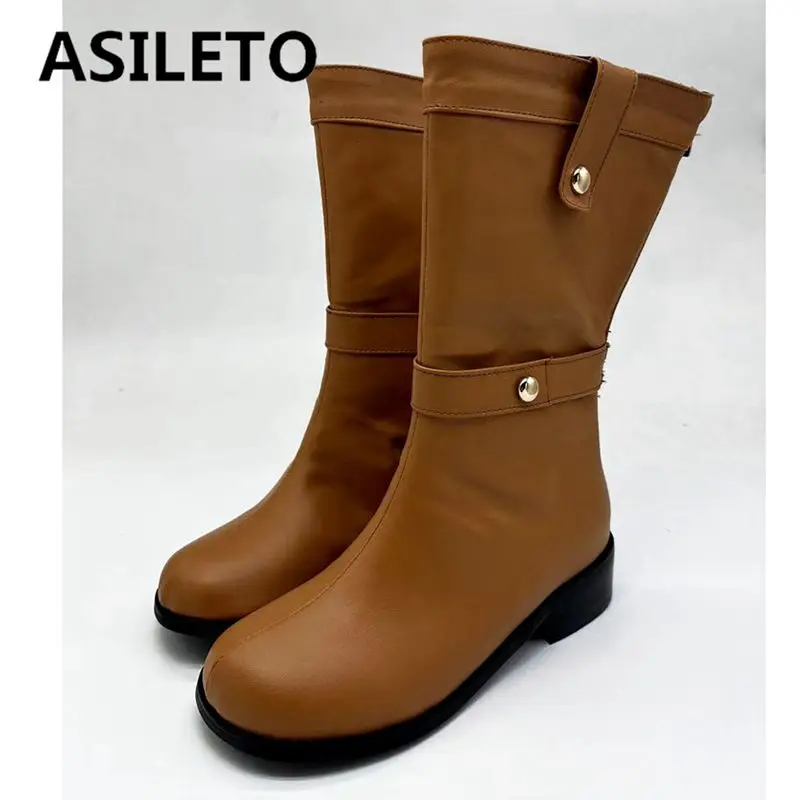 ASILETO Brand Retro Female Mid Calf Boots Wide Leg Block Heels Zipper Large Size 44 45 46 Leisure Daily Shoes Winter Autumn