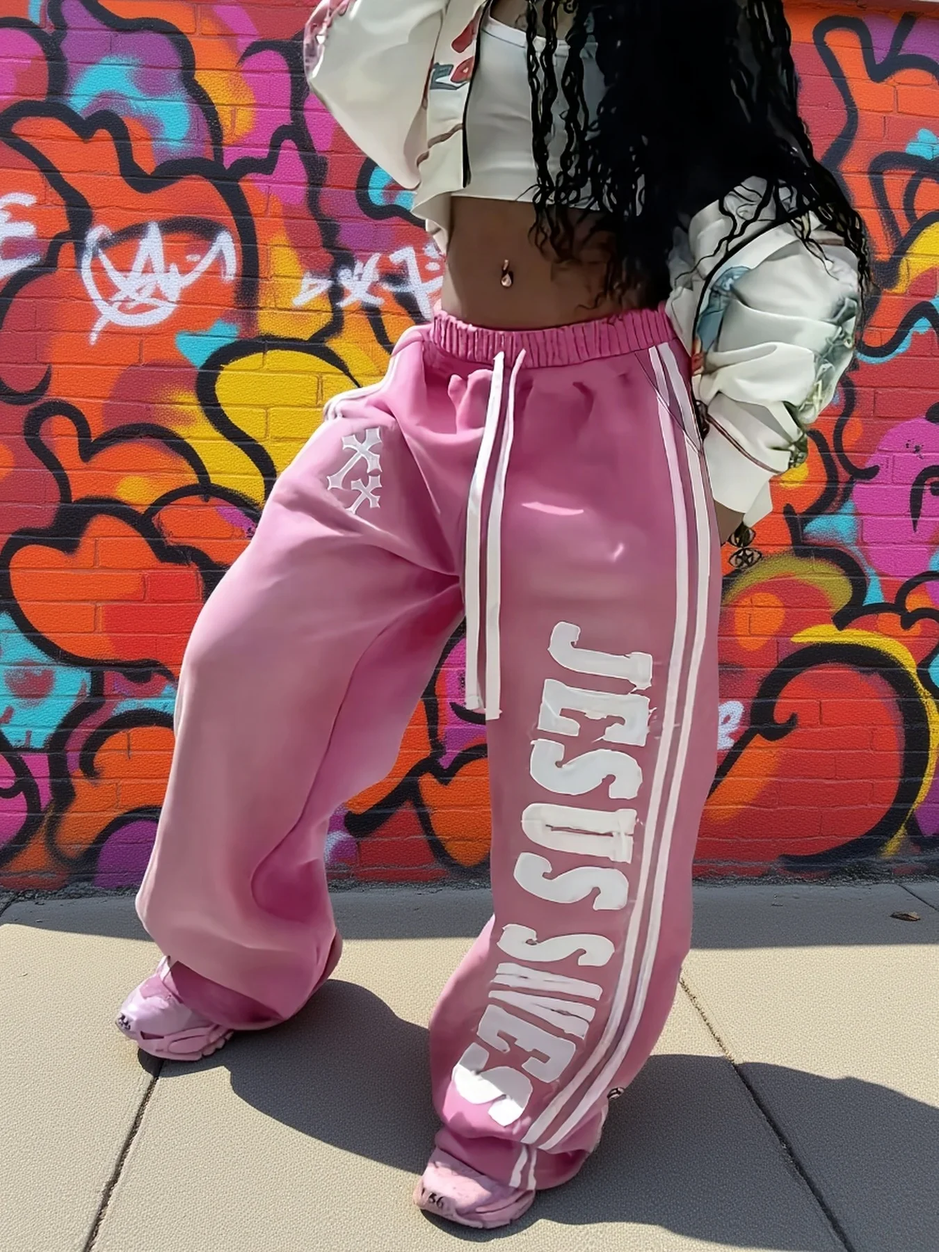 2026 New Arrival Women Street Sweatpants Cross Symbol And Text Graphic Side Stripe Detail Loose Fit Daily Casual Bottoms kids