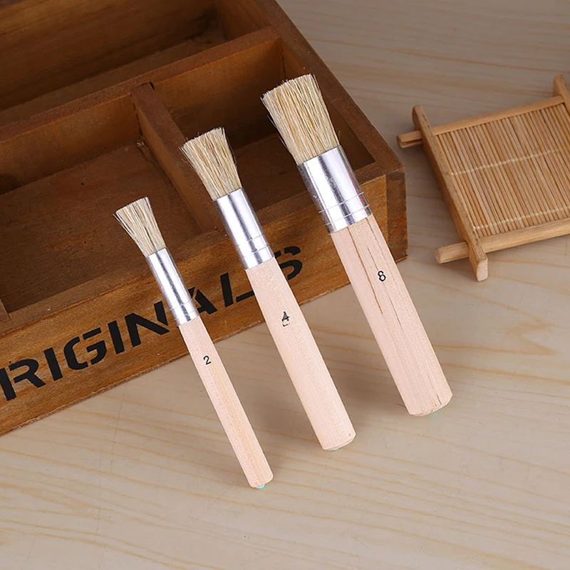 3*Wooden Stencil Brush Paint Natural Pure Hog Bristle Brush Round Multipurpose Oil Painting Stencil Tool Acrylic Watercolor Pen