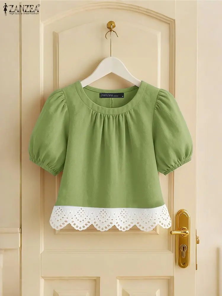 

ZANZEA Women's Elegant Lace Trim Hem Blouses Casual O-Neck Short Puff Sleeve Solid Color Tops Summer 2025 Woman Clothes S-3XL