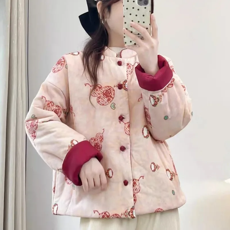Women Chinese Style Gourd Print Cotton Coat Autumn Winter Frog Button Stand Collar Warm Jacket