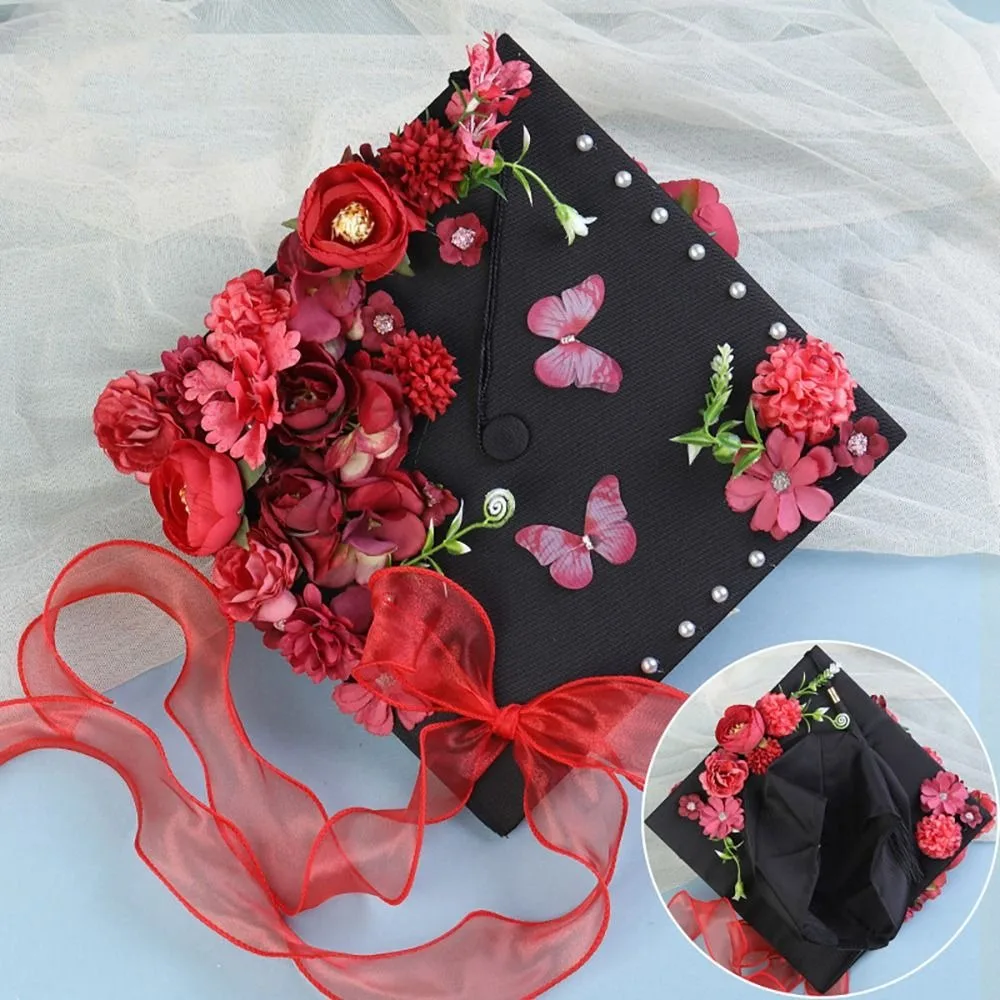 Doctor Flowers Graduation Cap Bachelor Adjustable Trencher Cap Charm Ornament Master Academic Hat with Tassels Student Supplies