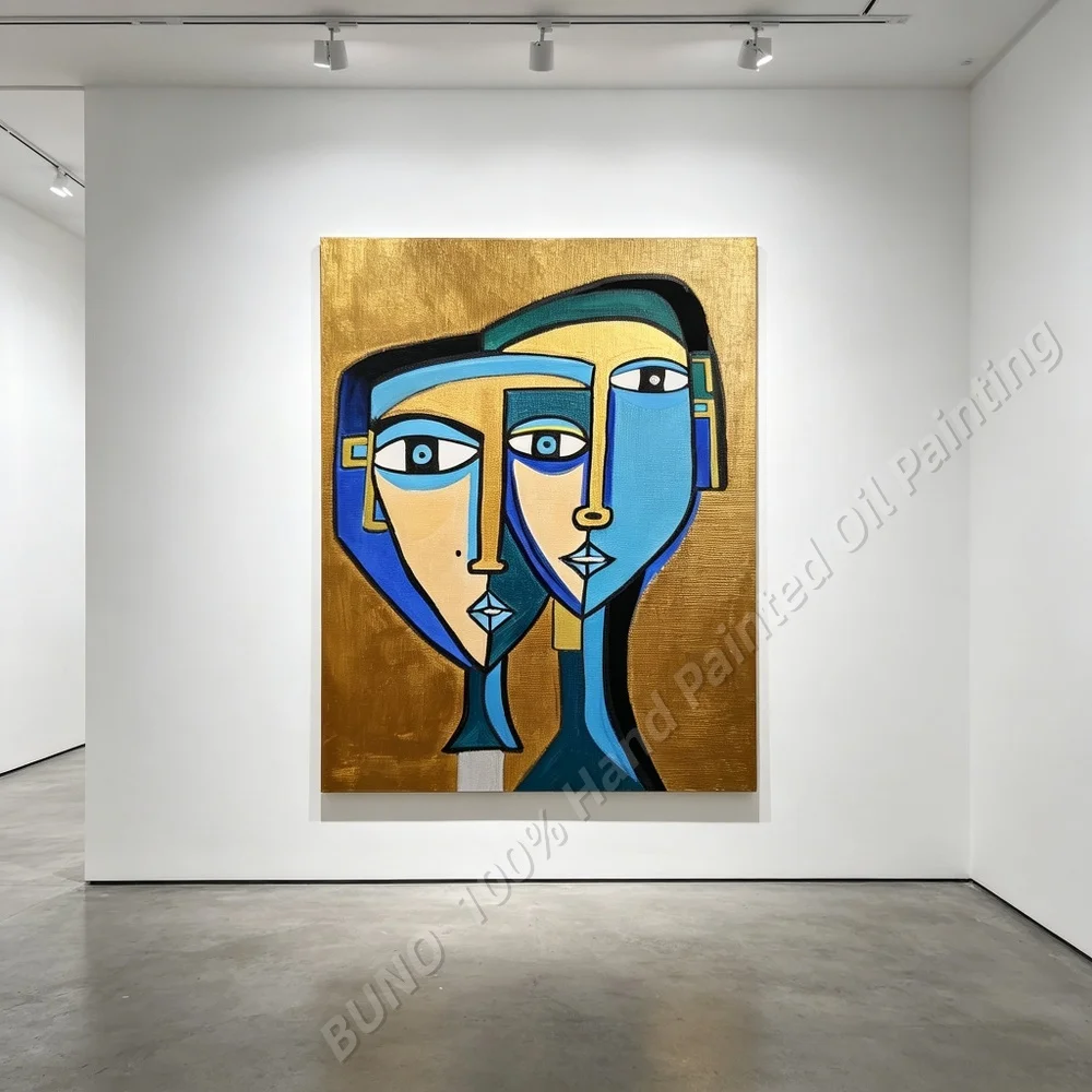 100% Hand Painted Original Abstract Cubist Portrait Oil Painting Metallic Gold Wall Art For Living Room Bedroom Home Decor