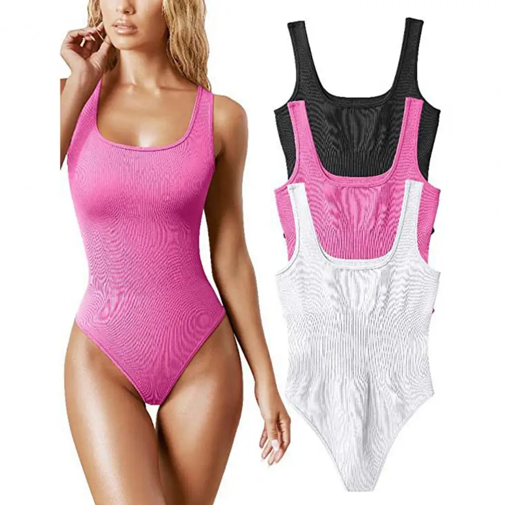 3 Stuks Vrouwen Zomer Bodysuits Effen Kleur U Hals Mouwloze Hoge Taille Clubkleding Elastische Rugloze Strand Playsuits Dames Kleding