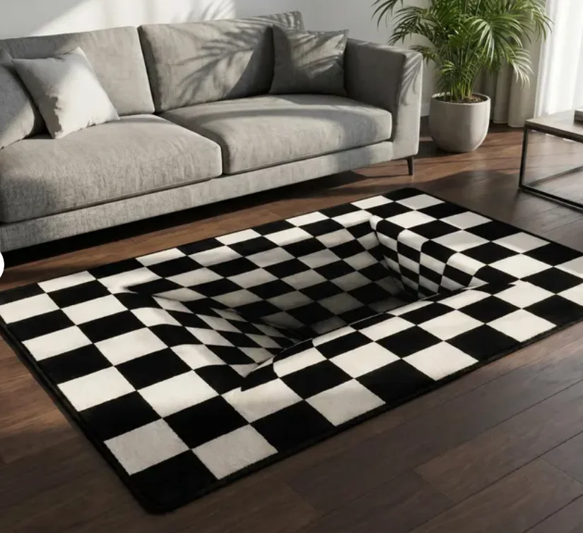 3D Optical Illusion Rug – Checkerboard Tunnel Effect Floor Mat Living Room, Bedroom, Home Decoration