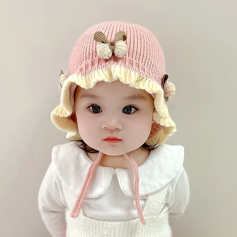 Korean Ruffle Baby Knitted Hat Winter Warm Toddler Ear Protection Cap Cute Solid Color Bow Kids Lacing Hats Bonnet