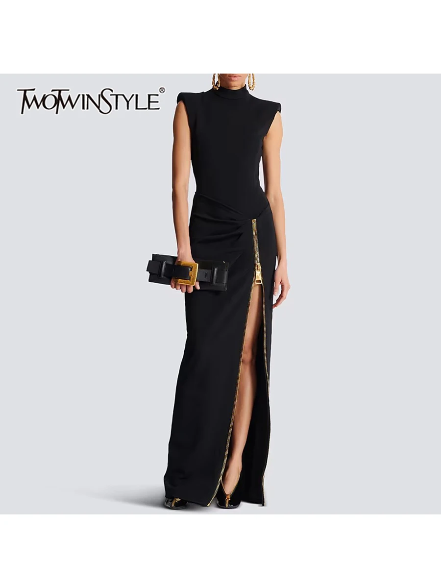 

TWOTWINSTYLE Solid Slimming Spliced Zipper Temperament Dresses for Women Stand Neck Sleeveless Patchwork Folds Dress Female New