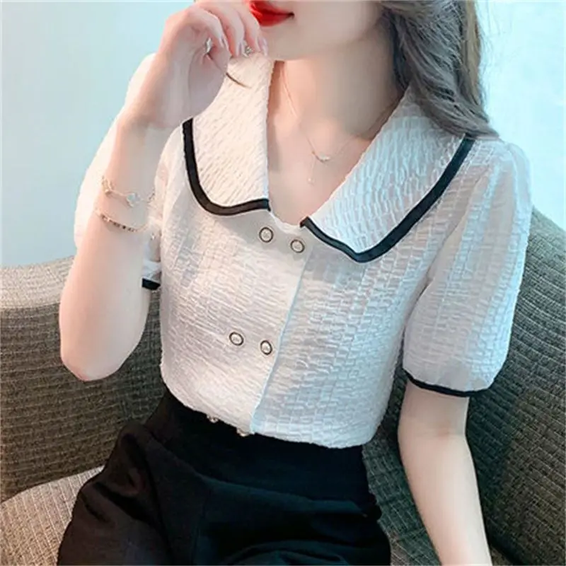 Contrast Loose Korean Blouse Summer New Short Sleeve Solid Color Youth All-match T Shirt Tops Sweet Fashion Trend Women Clothing