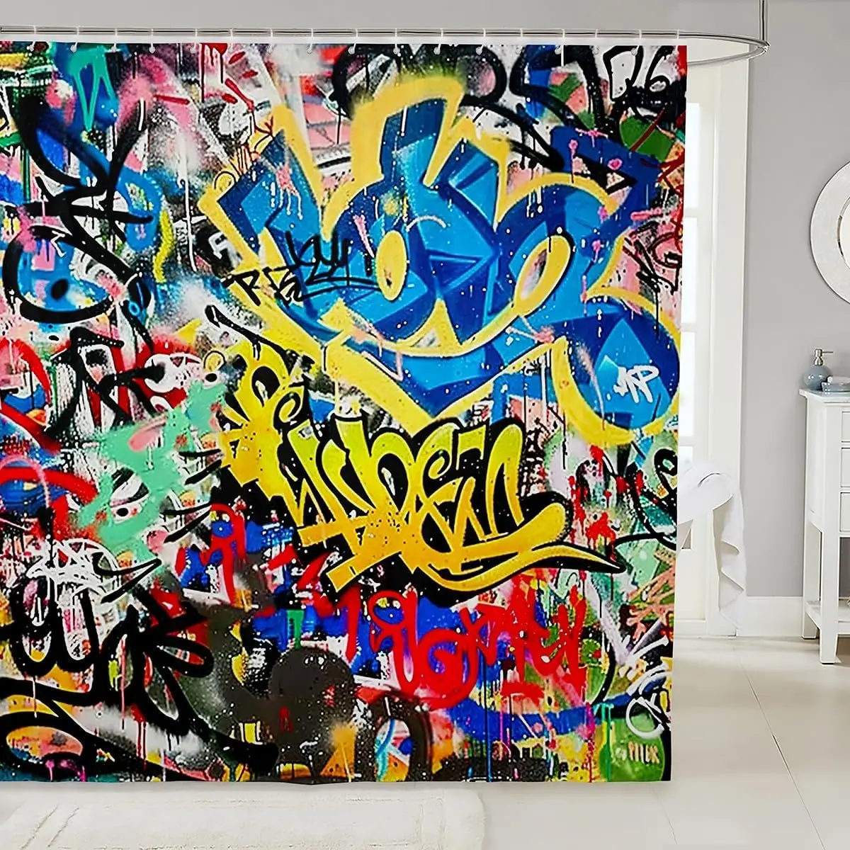 Abstract Graffiti Shower Curtains,Colorful Hip Hop Painting Bath Curtain,Modern Cool Hand Draw Waterproof Fabric Curtain with