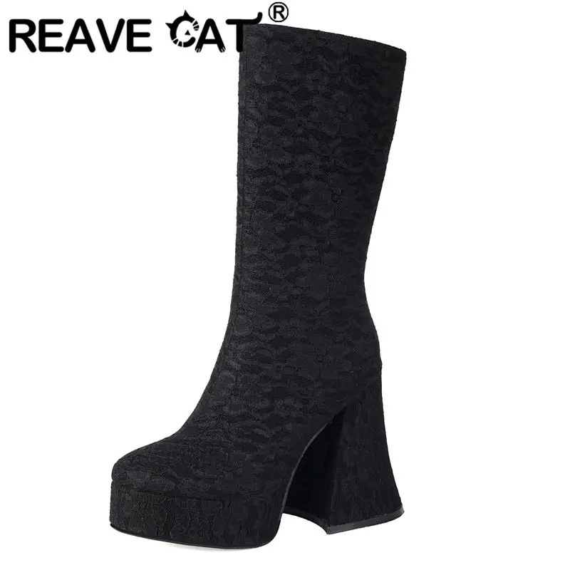 

REAVE CAT Design Женские сапоги до середины икры с круглым носком, странный высокий каблук 12 см, платформа 3 см, молния, смешанные большие размеры 41 42 43 Fashion Bota