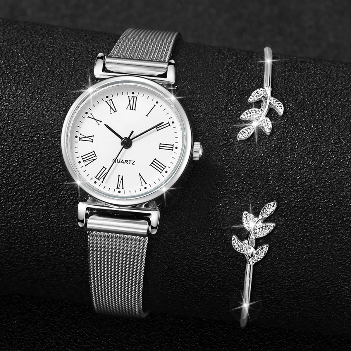 2-piece ins compact and minimalist metal mesh strap quartz women's watch leaf bracelet women's watch case