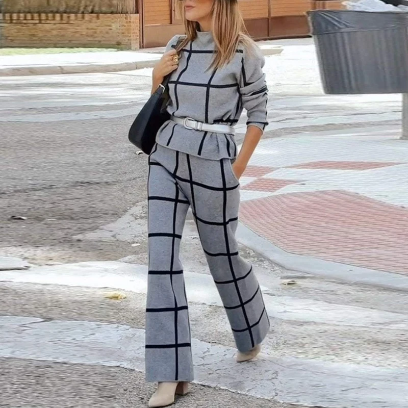 Fashion Plaid Print Autumn Clothing Women Elegant Turtleneck Pullover Top And Lace-up Pants Sets New Winter Straight Suit Outfit